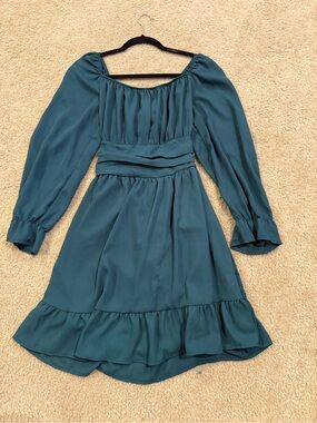 Emerald Green Long Sleeve Ruffle Hem Mini Dress